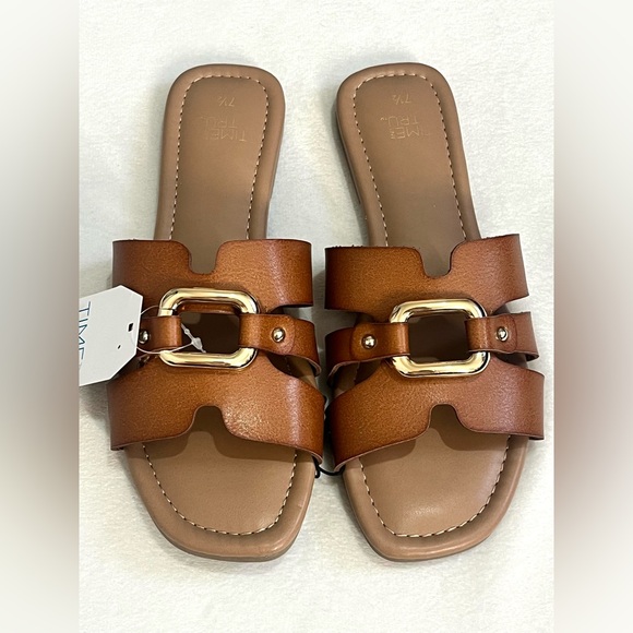 Time and Tru Shoes - Time and Tru Brown Slide Sandals with Gold Accent Women’s Size 7.5 NWT
